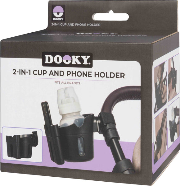 Dooky Support universel pour tasse et téléphone 2 en 1 – Pour poussette et buggy – noir – Design rotatif à 360 degrés