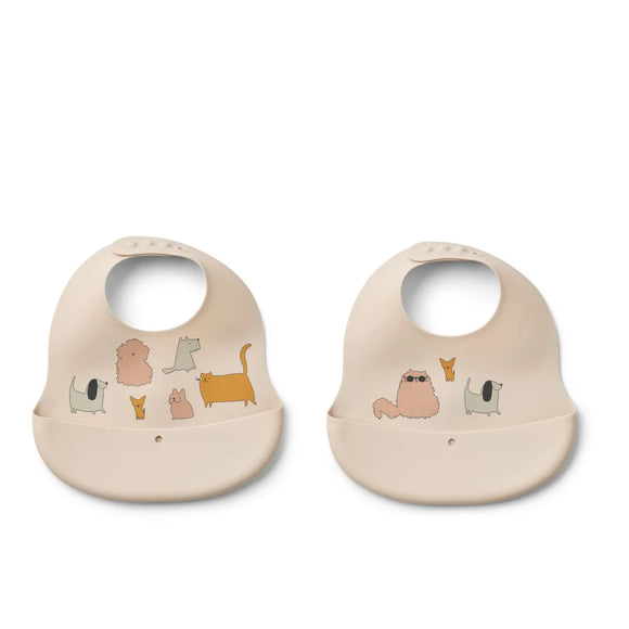 Liewood lot de 2 bavoirs en silicone ember cats and dogs/sandy LW20119-2503