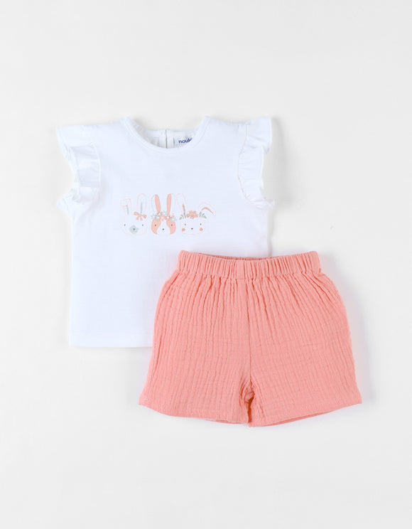 Noukie's Set t-shirt lapins + short, corail/écru Z2400375
