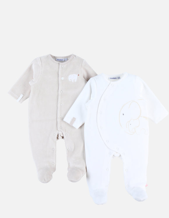 Noukie's Set de 2 pyjamas naissance 1 pièce en velours, beige et écru Z2441371