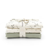 Babyshower set 3 draps tétra en gaze de coton 65x65cm olive bloom P3SWOBL