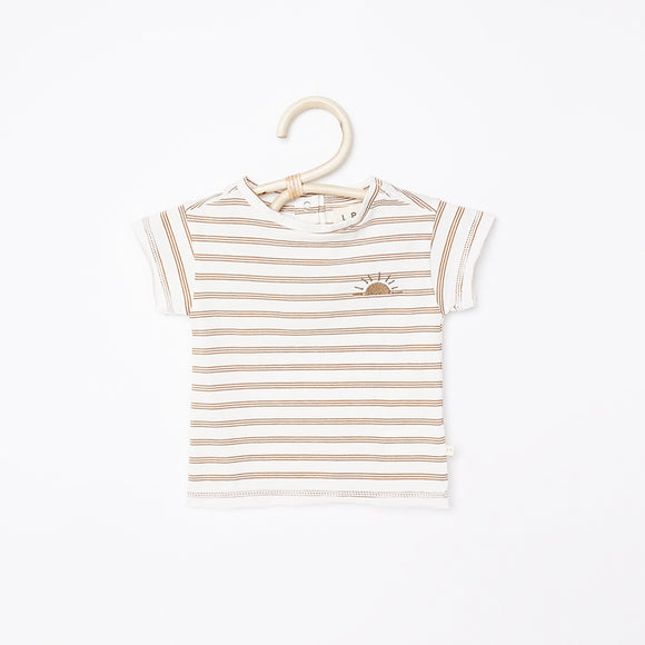 Les Petites Choses T-Shirt en jersey MAE Tri Stripe Ocre broderie Sun